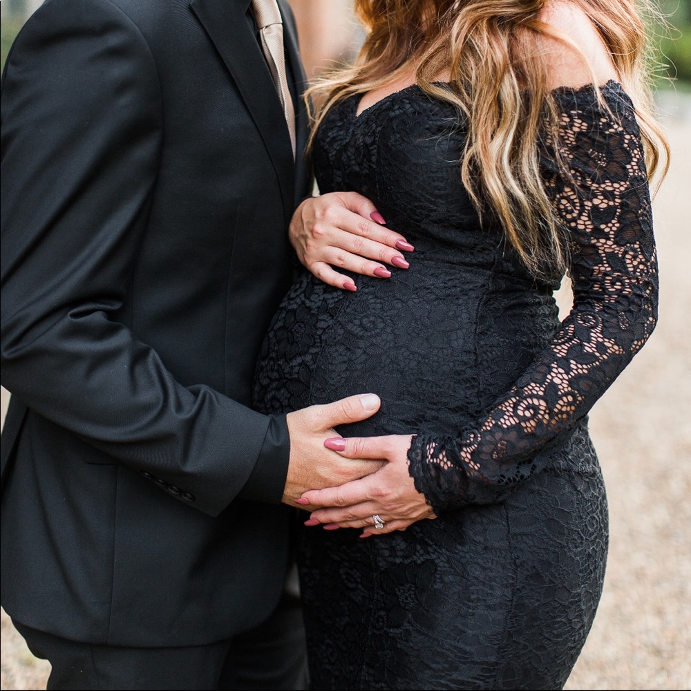 Pink blush maternity dress black lace stretch